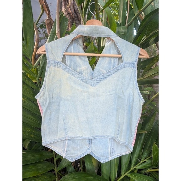 vintage 90s denim vest M gingham pink flower embroidery 100% Cotton boho country - Picture 7 of 7